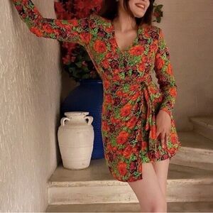 Zara Floral Long Sleeve Dress - Red and Green